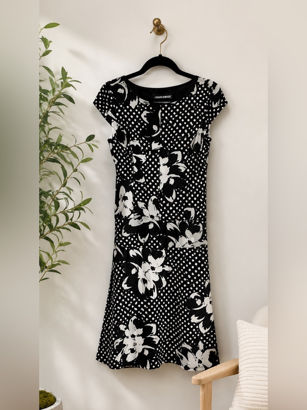 Joseph Ribkoff Black White Polka Dot Floral Dress Wedding Guest Cocktail Sz 8